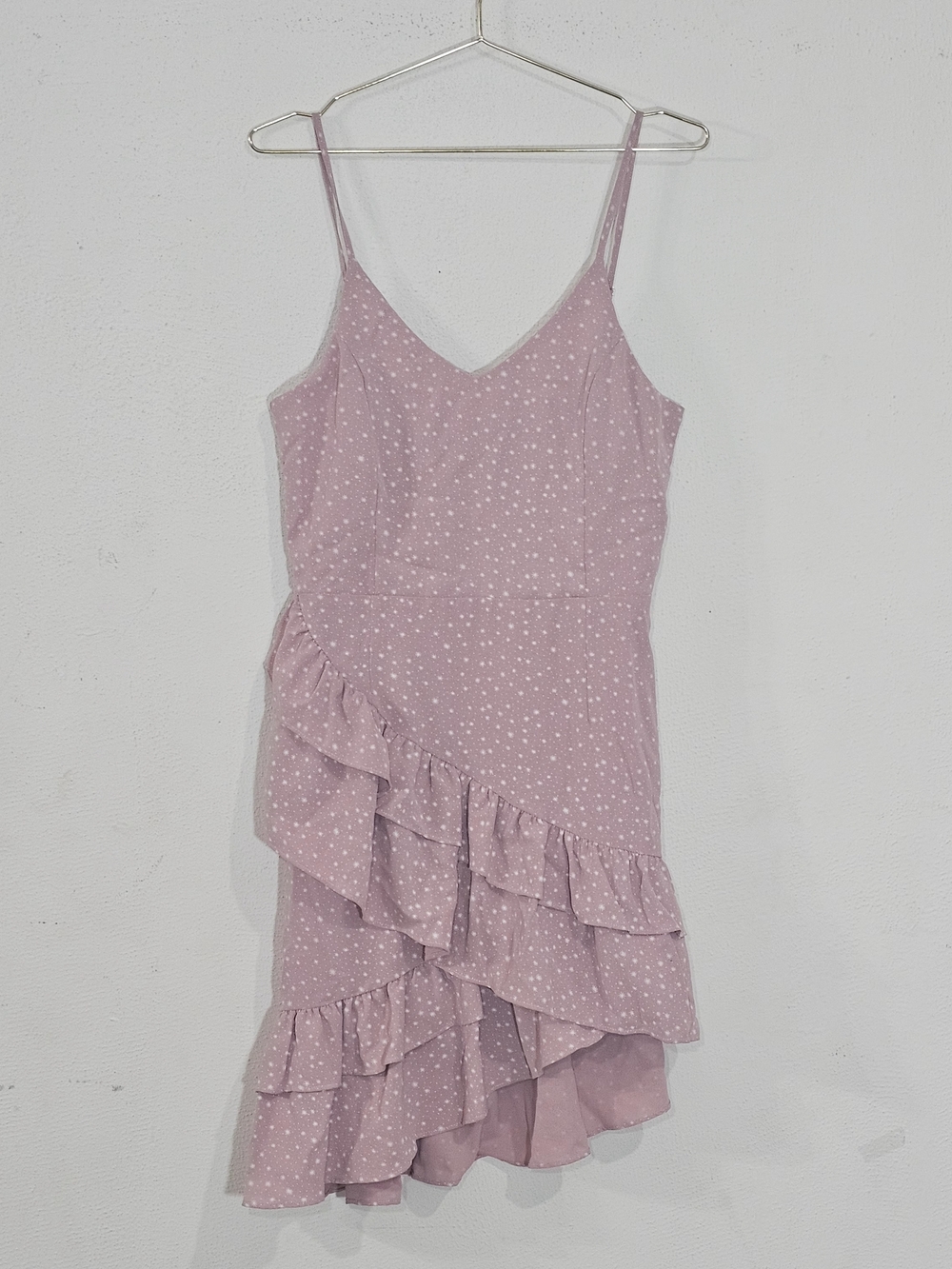 Fanco Mini Dress Womens M Lavender Purple‎ Polka Dot Ruffle Asymmetrical V-Neck